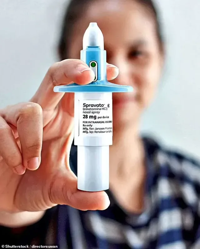 Close-up view of a SPRAVATO nasal spray device.