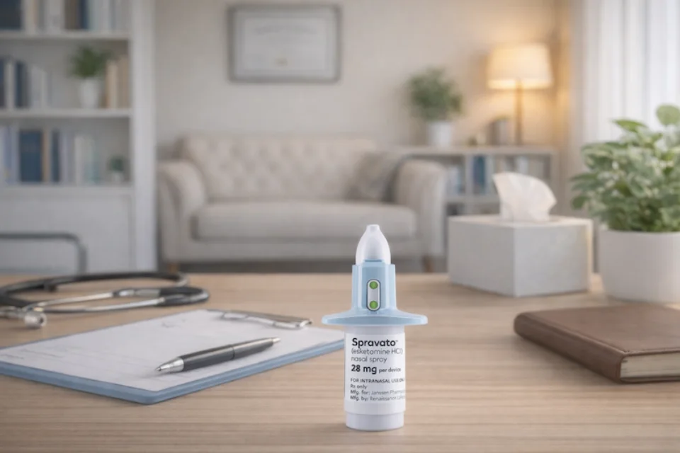 SPRAVATO nasal spray device displayed in a clinical office setting.